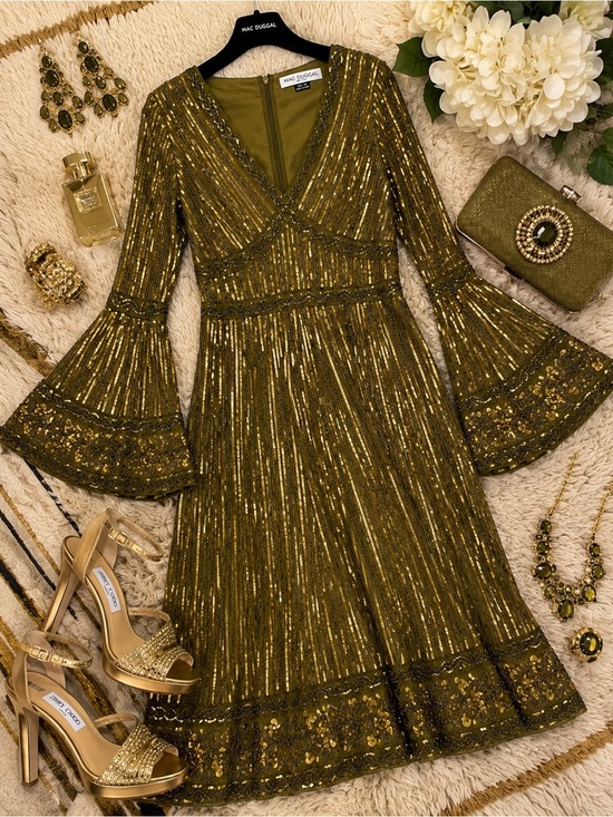 Mac Duggal Dresses & Skirts - Mac Duggal Light Olive Sequin Beaded Bell Sleeve Midi Dress Size 14 NWT